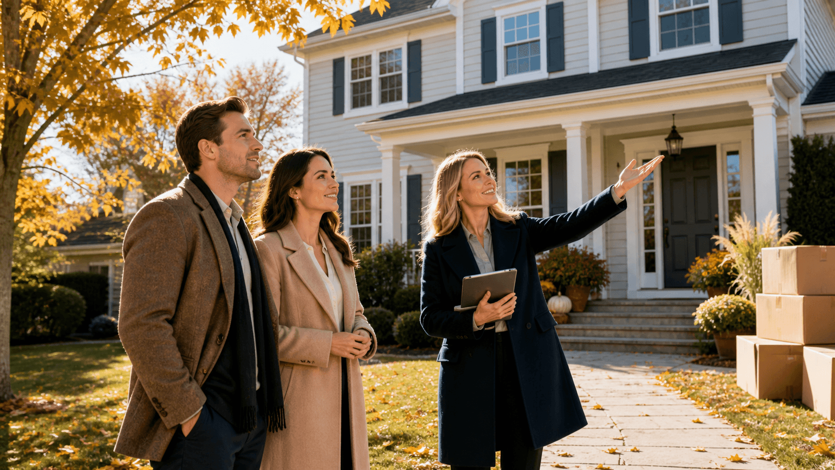 Autumn-lit Nassau County home with a for-sale sign, golden leaves, and a clear blue sky